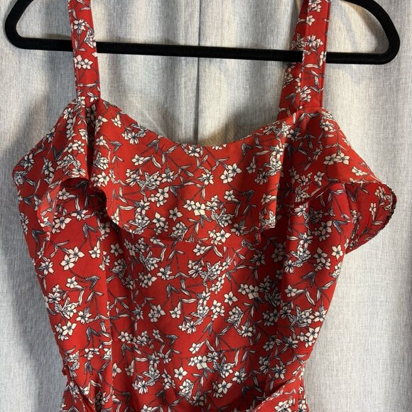 Banana Republic Red Floral Print Strappy Flounce Belted Midi Sundress SZ‎ 10-12 - Picture 3 of 14